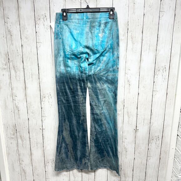 Guess Pants Sz 23 Brittney Flare Y2K Wide Leg Blue Tie-Dye Linen 90's 100% Linen - Picture 5 of 5